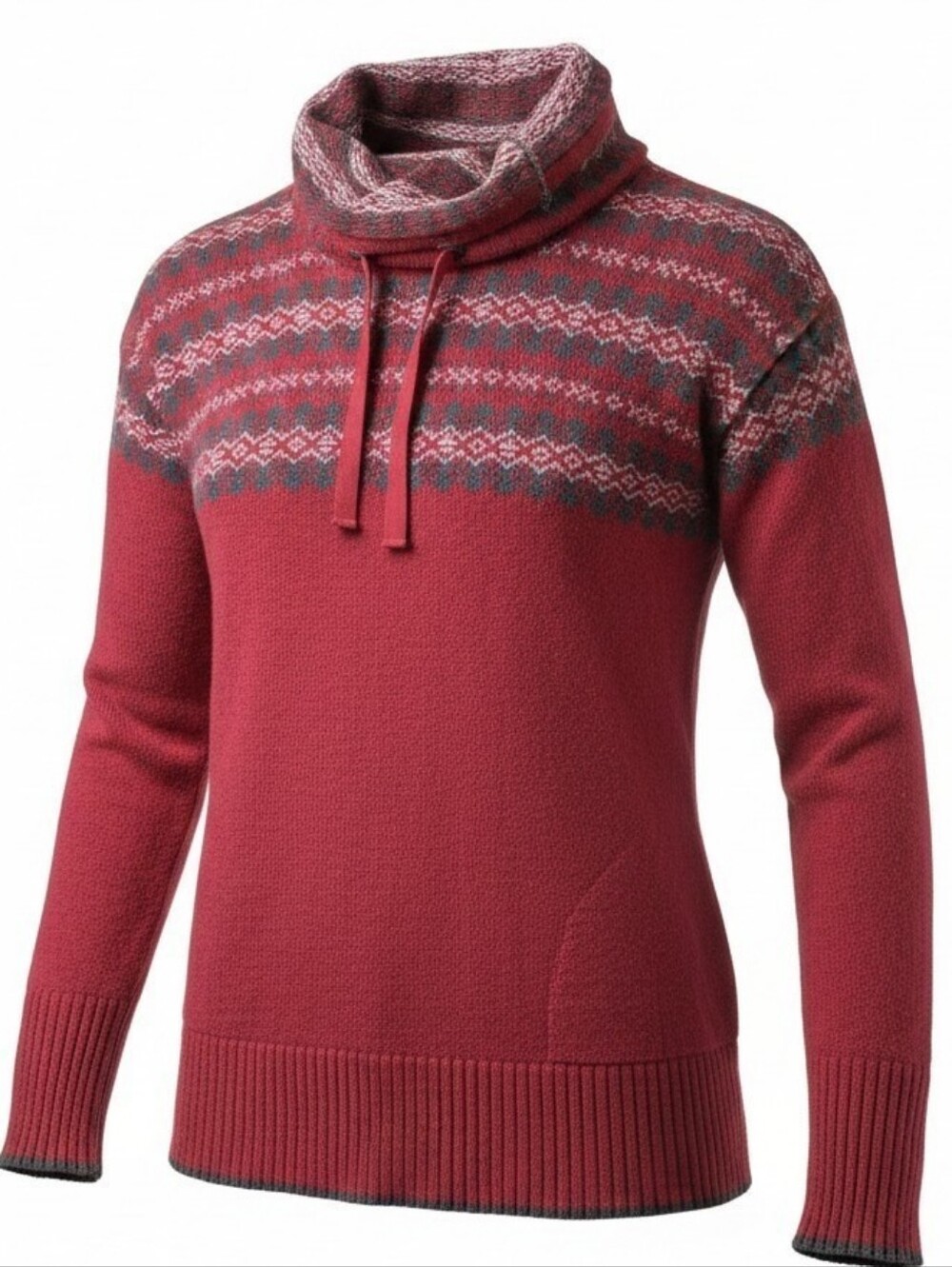 EDDIE BAUER | Fair‎ Isle Cowl Neck Tunic Wool Sweater Pockets Red Gray White | S